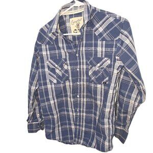 Coastal Button Up Shirt Blue Plaid Pearl Snap Front Long Sleeve Size Small